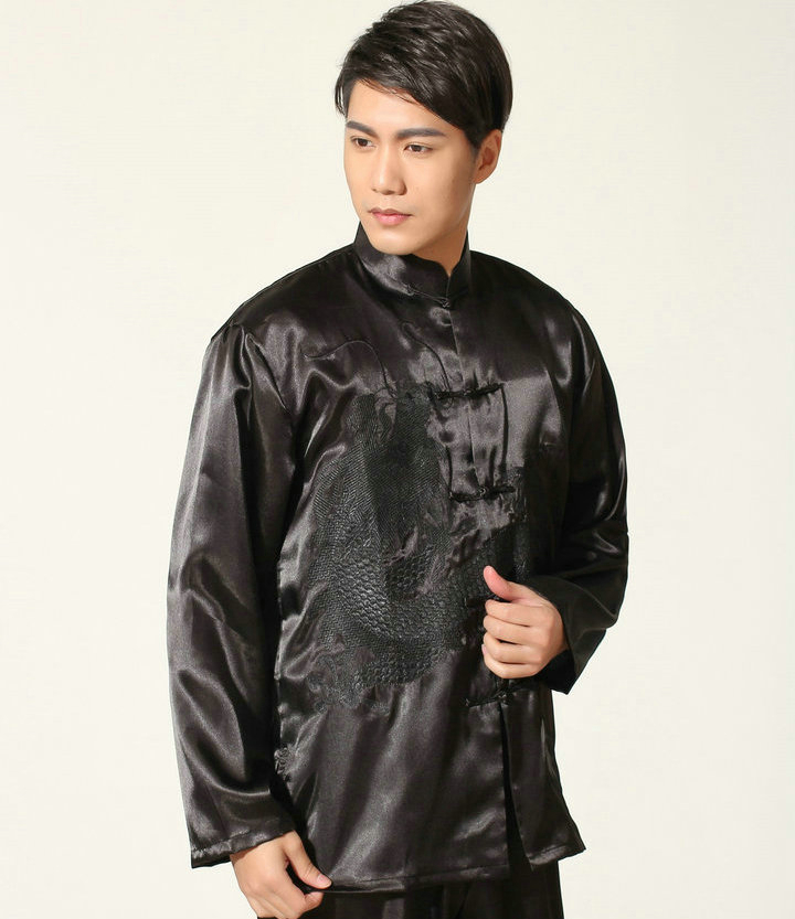 Pre-order ชุดจีน ชาย เสื้อพร้อมกางเกง สีดำ ปักลายมังกร