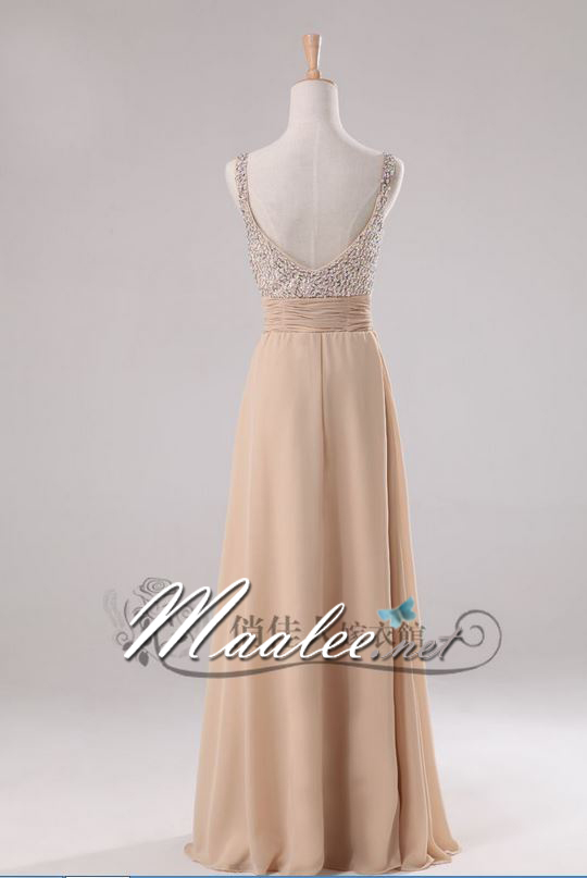 พร้อมเช่า ชุดราตรียาว สายเดี่ยว ผ้าชีฟอง แต่งด้วยเลื่อม จับจีบช่วงเอว โชว์หลังSexy สีครีม Champagne แชมเปญ