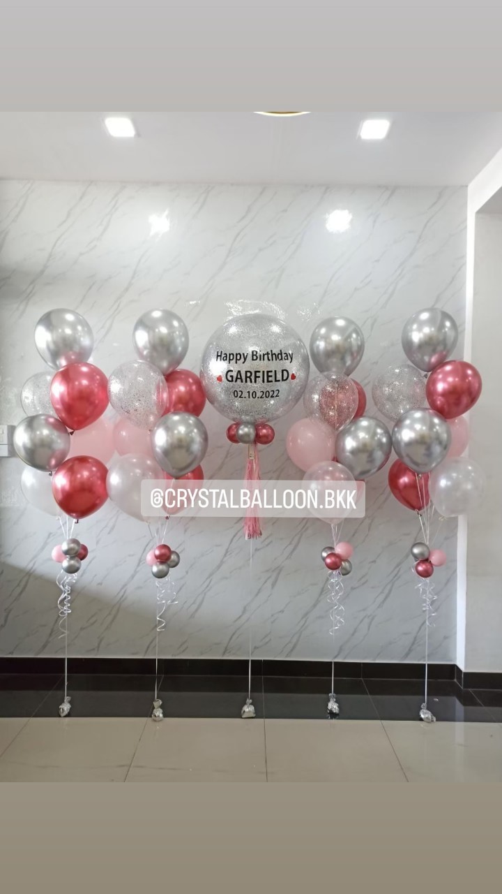 ลูกโป่ง วันเกิด Bubble ขนาด 24" กลิตเตอร์สีเงิน พร้อมตกแต่ง ช่อลูกโป่ง 7 ลูก 4 ช่อ,ลูกโป่งใส ใส่กลิตเตอร์ สามารถเปลี่ยนสีลูกโป่ง/เปลี่ยนข้อความ/เปลี่ยนขนาดได้