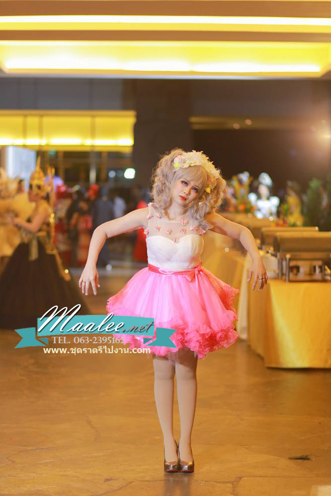 พร้อมเช่า ชุดแฟนซี ชุดราตรีสั้น กระโปรงผ้าแก้วย้วยพองฟู น่ารักมาก แต่งดอกไม้ช่วงอก สีชมพู