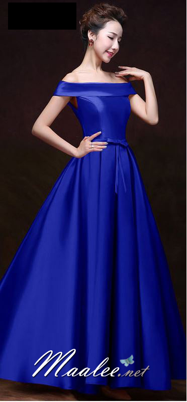 พร้อมเช่า ชุดราตรียาว แบบไหล่ปาด สไตล์วินเทจผ้าไหมดัชเชส กระโปรงทรงA แต่งโบว์2ชั้น ช่วงเอว สีน้ำเงิน (เชือกผูกหลัง)