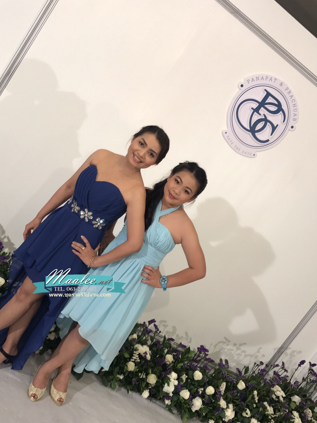 พร้อมเช่า ชุดราตรีสั้น เกาะอก หน้าสั้นหลังยาว สีน้ำเงิน ผ้าชีฟอง เรียบหรูแต่งเพชรช่วงเอว