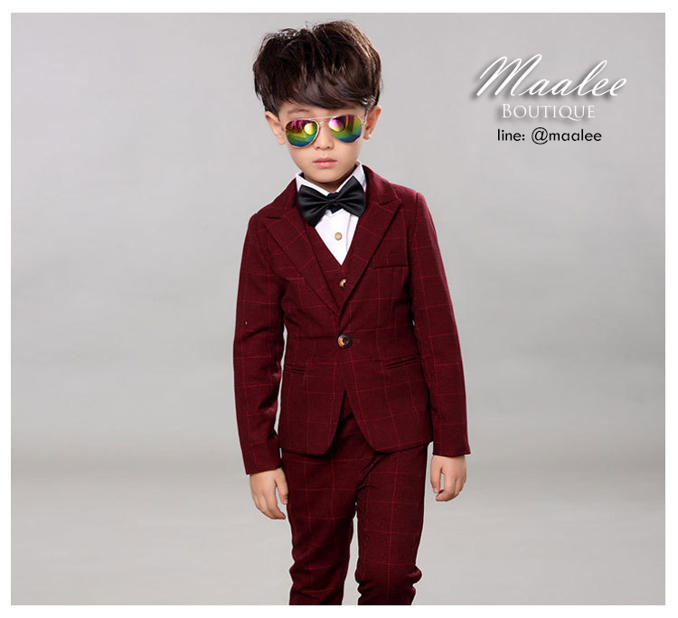 พร้อมเช่า ชุดสูทเด็กชาย สีแดงเบอกันดีลายตาราง **พร้อมเช่าไซส์ 110,120,130,140**