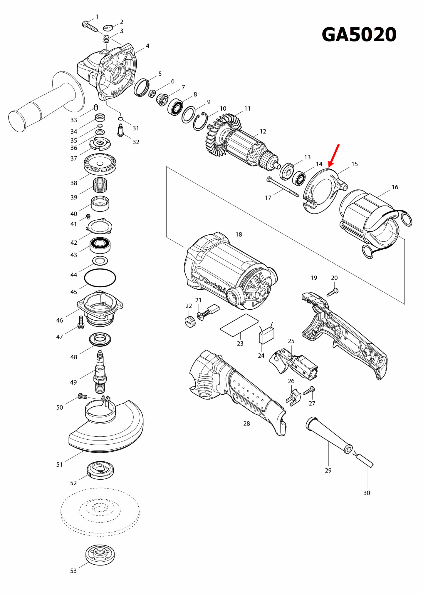 BAFFLE PLATE หินเจียร 5 นิ้ว มากีต้า Makita GA5010, GA5020 [#15] Pn.419961-7 (แท้) ##