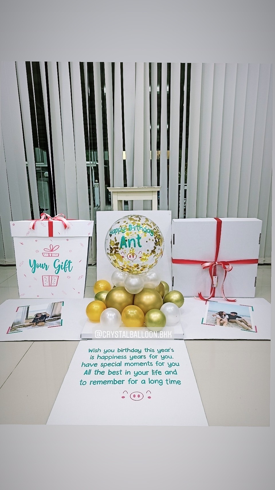 Happy Birthday Surprise Box กล่องเซอร์ไพรส์วันเกิด Theme สีทอง-เขียว Bubble ตั้งฐาน พร้อมตกแต่ง สามารถใส่รูปได้ 2 ใบ สามารถเปลี่ยนสีลูกโป่ง/เปลี่ยนข้อความได้