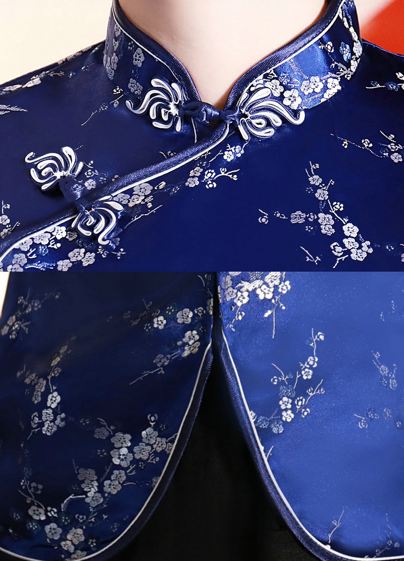 Pre-order เสื้อกี่เพ้า สีน้ำเงิน ลายดอกเหมย ผ้าไหมจีน กุ๊นขอบ ตัดเย็บอย่างดี