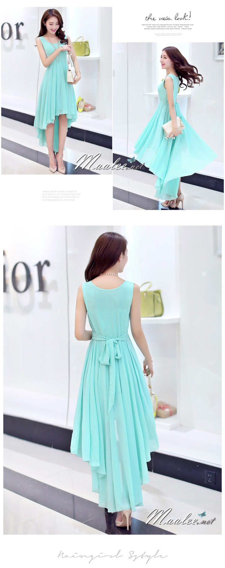 พร้อมส่ง ชุดออกงาน ชุดเดรสสั้น แขนกุด แบบหน้าสั้น/หลังยาว ผ้าชีฟอง ใส่สบาย สีฟ้า (ซิปข้างลำตัว) **เหลือเฉพาะไซส์ M**