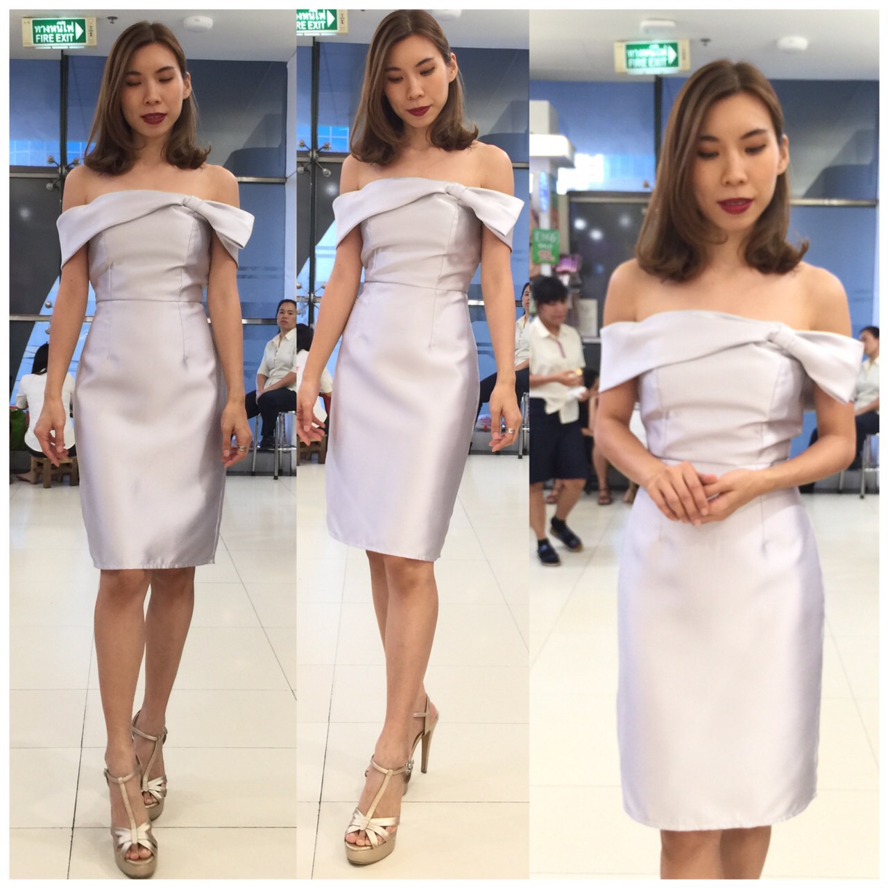 พร้อมเช่า ราตรีสั้น ชุดเดรสเข้ารูป ไหล่ปาด สีเทา