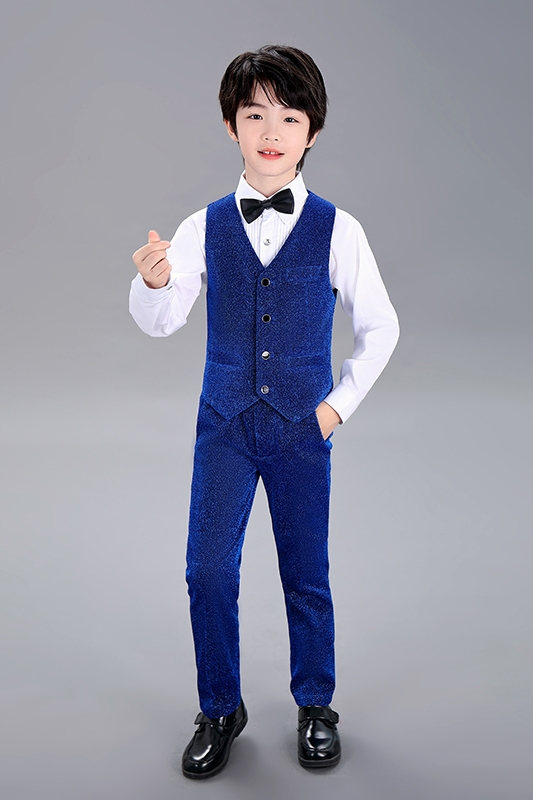 พร้อมเช่า ชุดสูทเด็กชาย สีน้ำเงิน เนื้อกากเพชร แบบหรูหรา (พร้อมเช่าไซส์ 120 , 130 , 150)
