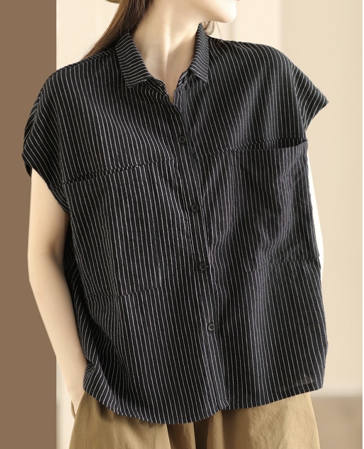 เสื้อผ้าฝ้ายผสมป่านลายทางแต่งกระเป๋า