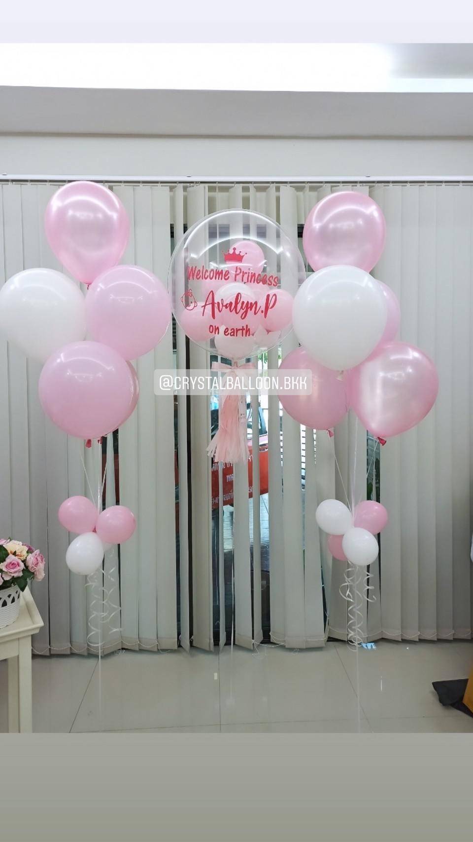 ลูกโป่ง Welcome Baby Girl Bubble USA ขนาด 24" Theme สีชมพู พร้อมตกแต่ง ช่อลูกโป่ง 5 ลูก 2 ช่อ สามารถเปลี่ยนสีลูกโป่ง/เปลี่ยนข้อความได้