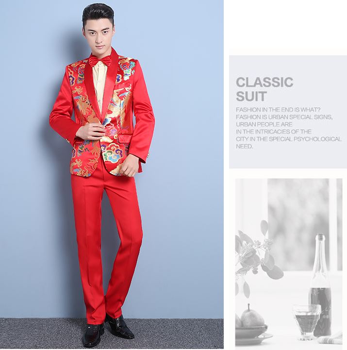 Pre-order ชุดสูทจีนชาย สีน้ำเงินปกคอน้ำเงิน พิมพ์ลายกราฟฟิก