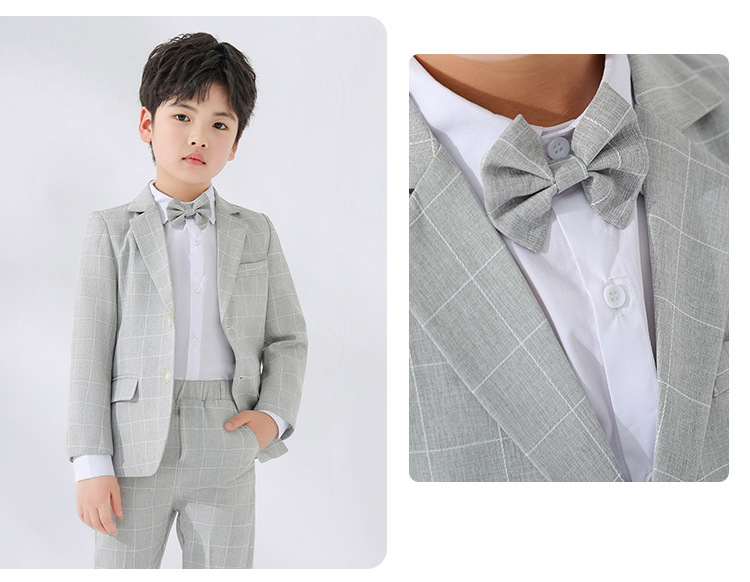 พร้อมเช่า ชุดสูทเด็กชาย สีเทาอ่อน 2 กระดุม ลายตาราง **พร้อมเช่าไซส์ 110, 130,140,150,160,170**