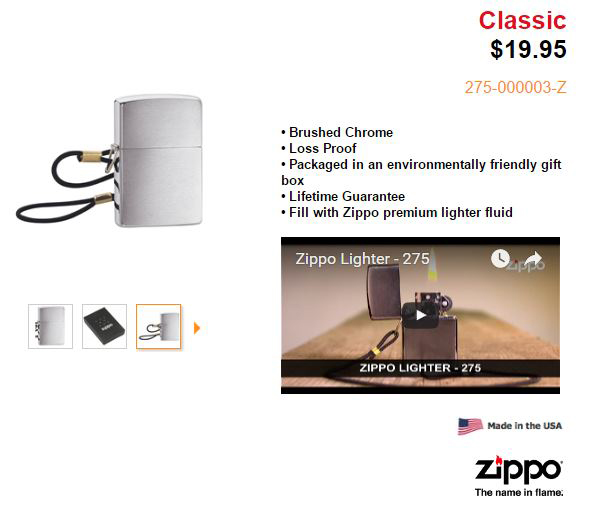 ไฟแช็ค Zippo แท้ สีเงิน รุ่นสายเชือกกันหาย "Zippo 275, Loop & Lanyard-Lossproof Brush Chrome " แท้นำเข้า 100%