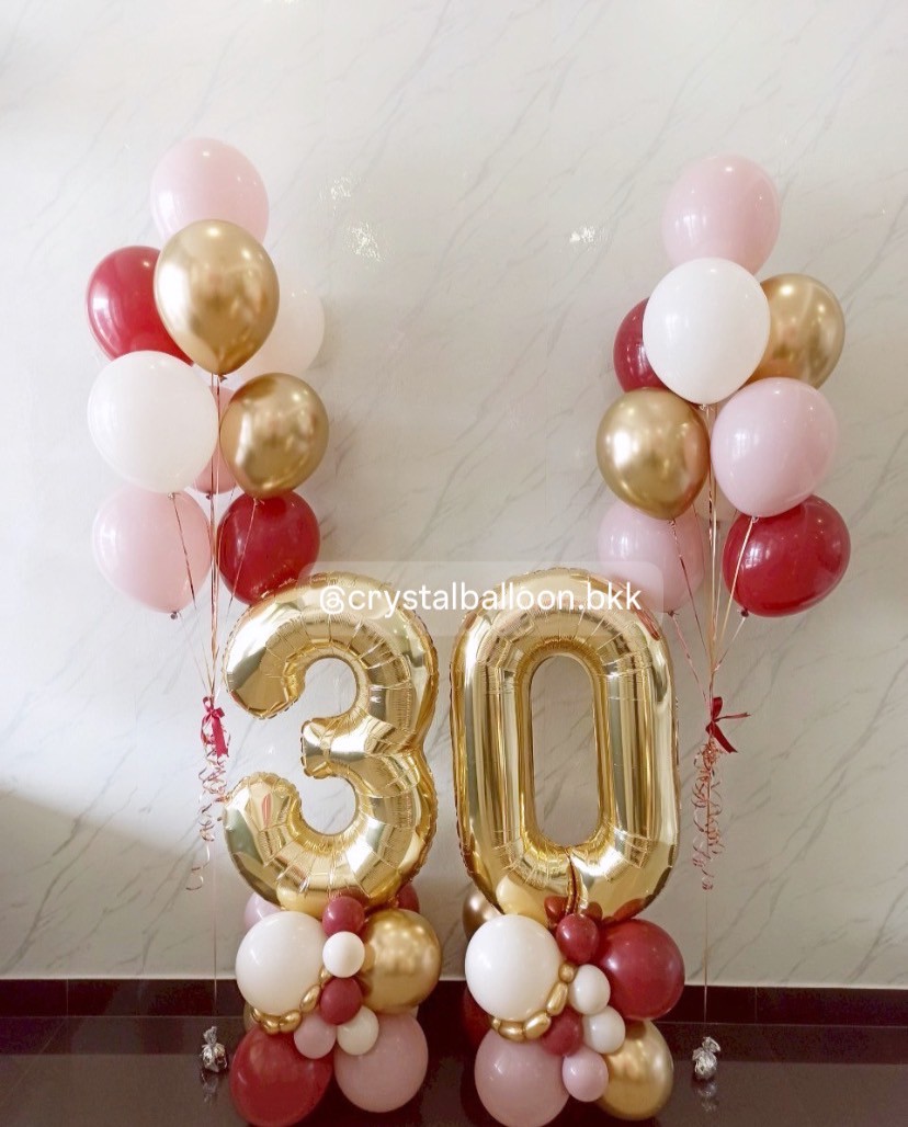 ลูกโป่งวันเกิด ฟอยล์ตัวเลข ขนาด 40" สีเงิน 2 ชิ้น พร้อม ช่อลูกโป่ง ช่อ 9 ลูก 2 ช่อ Theme แดง - ชมพู พร้อมตกแต่ง สามารถเปลี่ยนสีลูกโป่ง/เปลี่ยนสี-ฟอยล์ตัวอักษรได้