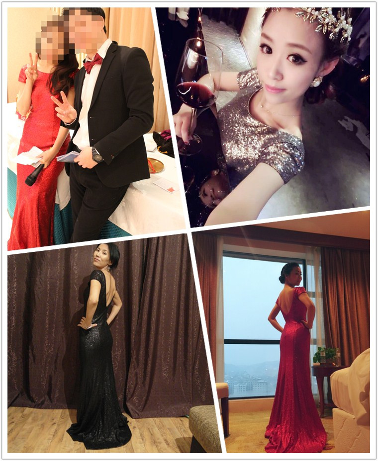 พร้อมเช่า ชุดราตรียาว แบบแขนสั้น ผ้าหลัง สีแดง เนื้อผ้าแต่งเลื่อมทั้งตัว ทรงหางปลา