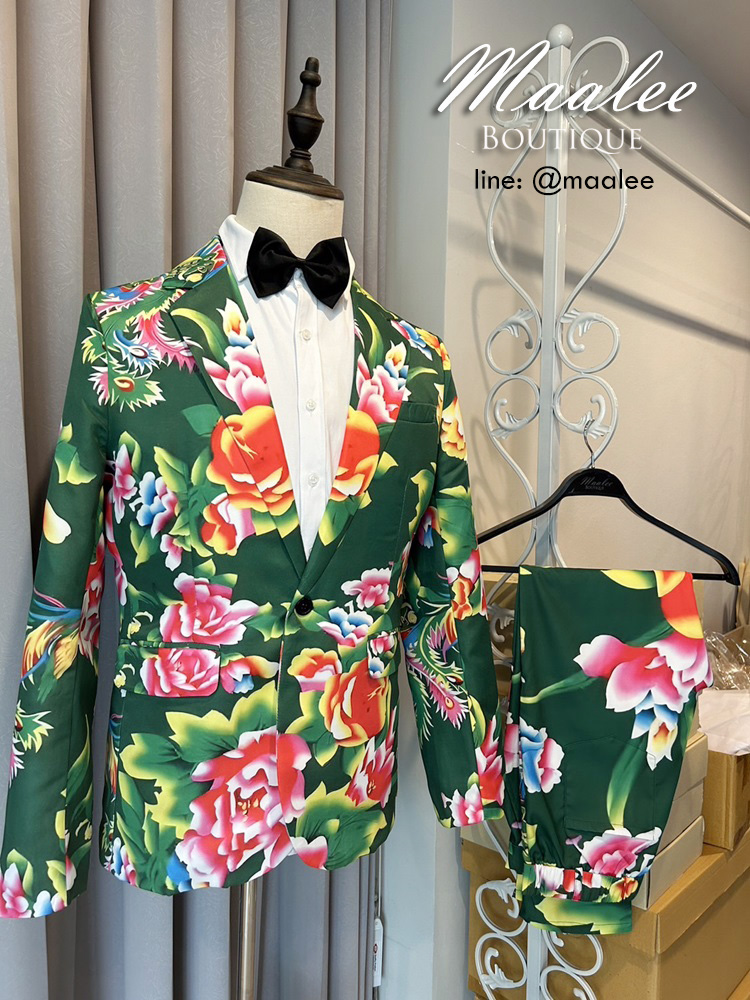 พร้อมเช่า ชุดสูทชาย สูทจีน ลายดอก สีเขียว