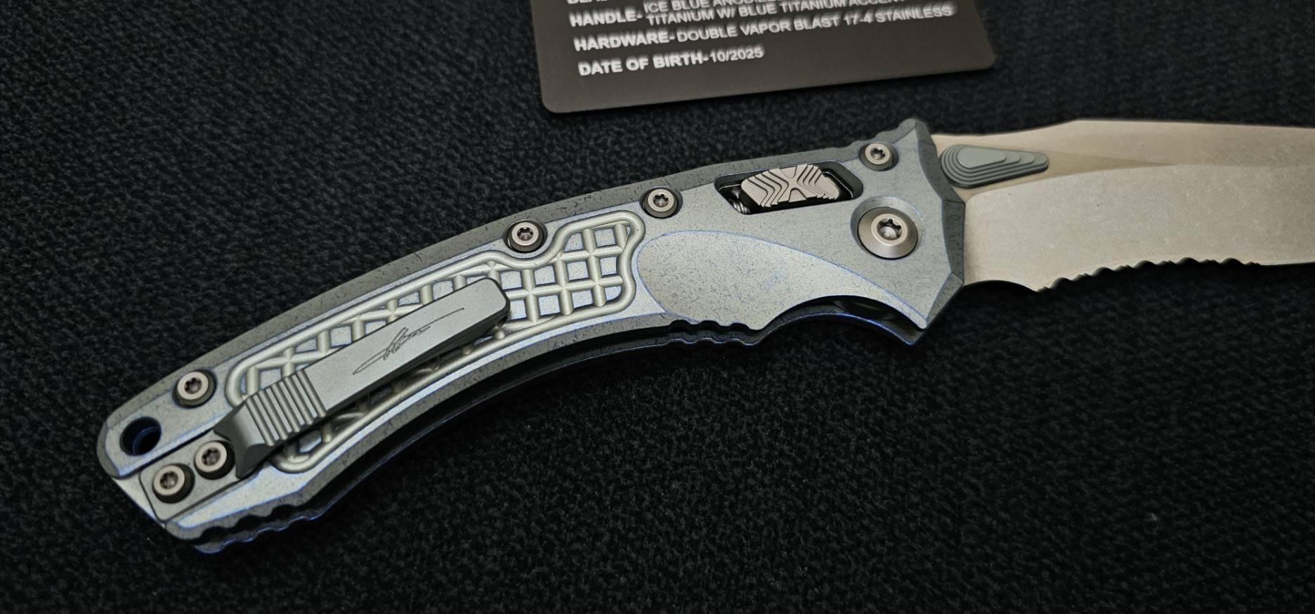 Microtech Marfione Select Amphibian RAM LOK Ice Blue Frag Titanium Handles & Serrated Stonewash M390MK & Blue Accents