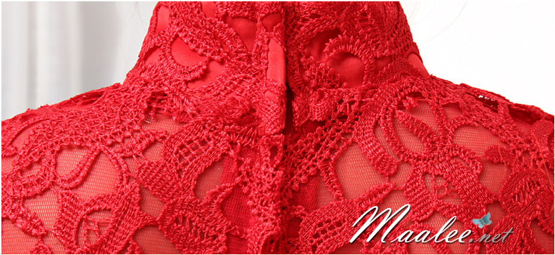 พร้อมส่ง ชุดราตรีสั้น สีแดง แขนสั้น คอจีน ลูกไม้ฉลุ กระโปรงผ้าชีฟอง