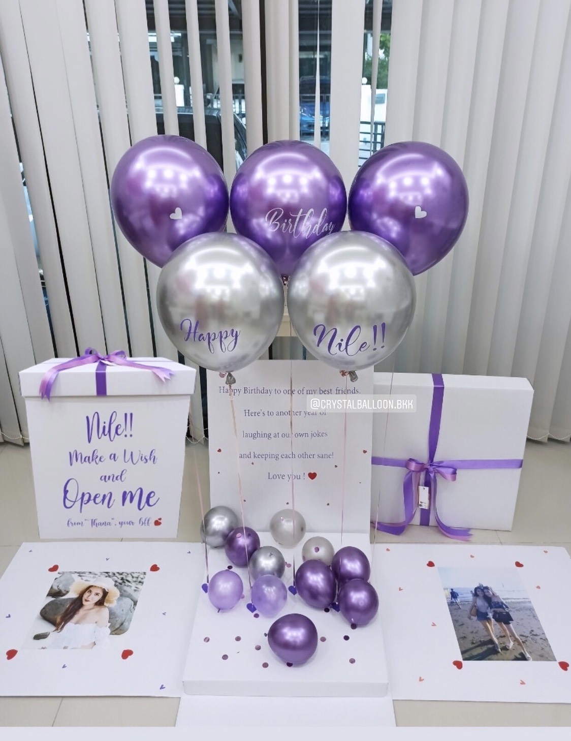 Happy Birthday Surprise Box กล่องเซอร์ไพรส์วันเกิด Theme สีม่วง พร้อมตกแต่ง ช่อลูกโป่ง 1 ช่อ,สามารถใส่รูปได้ 2 ใบ สามารถเปลี่ยนสีลูกโป่ง/เปลี่ยนข้อความได้