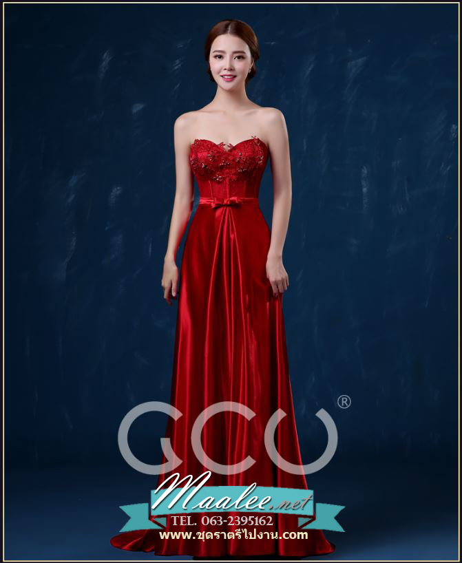 พร้อมส่ง ชุดราตรียาว แบบเกาะอก/ชายยาว สีแดง มีฟองน้ำในตัว เสริมโครงข้างลำตัว หรูมาก ช่วงอกแต่งลูกไม้&คริสตัล (ซิปหลัง)