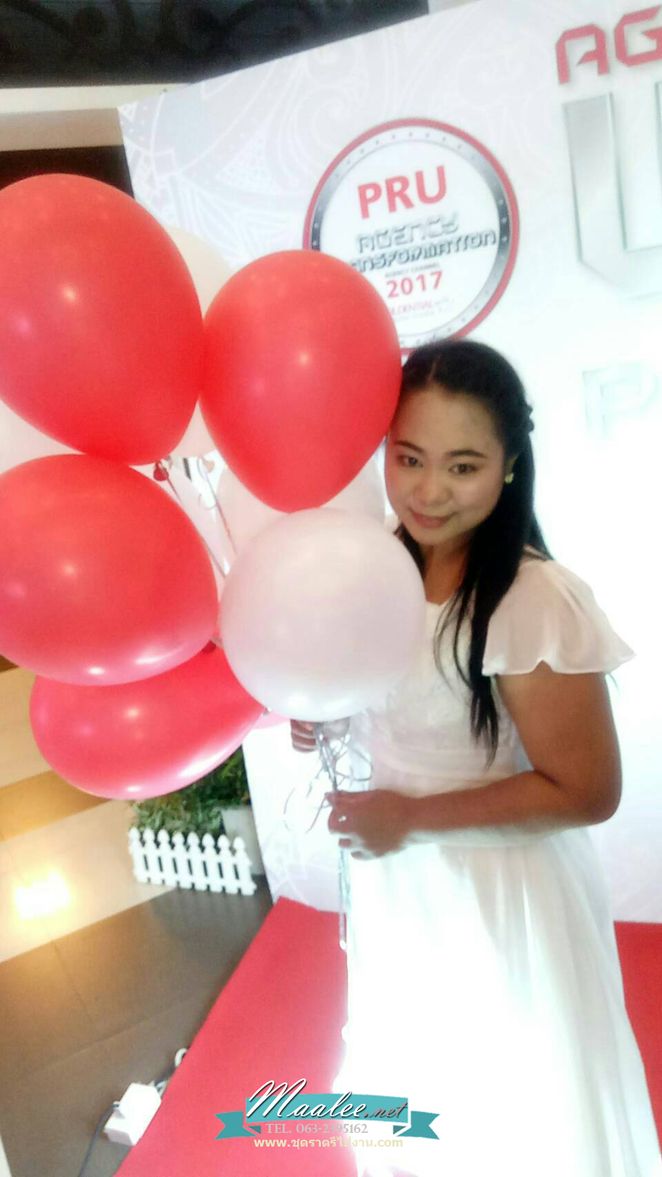 พร้อมเช่า ชุดราตรี สีขาว แขนสั้น ลูกไม้ฉลุ กระโปรงผ้าชีฟอง 2XL- 6XL (เชือกผูกหลัง)