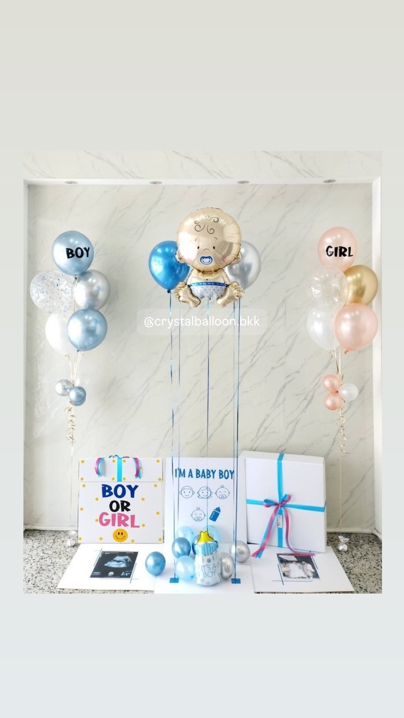 Gender Reveal Surprised Box กล่องทายเพศ พร้อมตกแต่ง ลูกโป่ง 2 ลูก,ฟอยล์เด็กทารก 1 ชิ้น,ลูกโป่งช่อ 5 ลูก 2 ช่อ,สามารถใส่รูปได้ 2 รูป สามารถเปลี่ยนสีลูกโป่ง/เปลี่ยนสี-ฟอยล์ตกแต่ง/เปลี่ยนข้อความได้