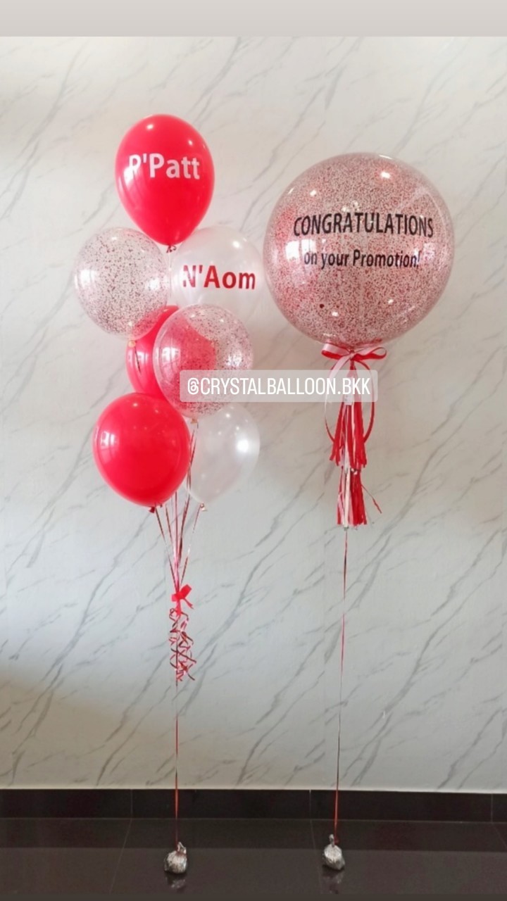 ลูกโป่ง แสดงความยินดี Bubble ขนาด 24" กลิตเตอร์สีแดง 1 ลูก พร้อม ช่อลูกโป่ง ช่อ 7 ลูก 1 ช่อ พร้อมตกแต่ง สามารถเปลี่ยนสีลูกโป่ง/เปลี่ยนข้อความ/เปลี่ยนขนาดได้