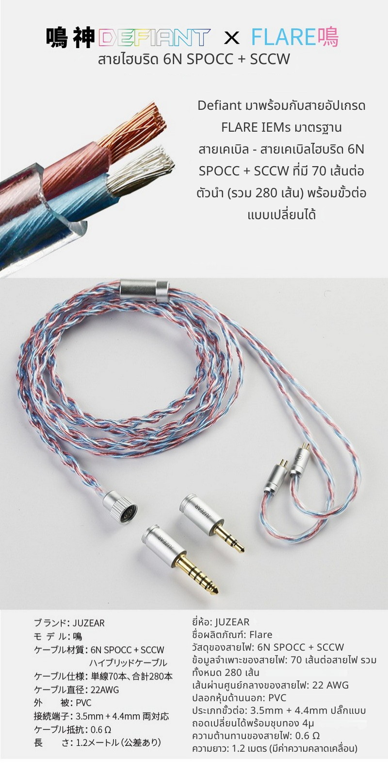 Juzear Defiant หูฟัง IEMs Hybrid 4 ไดรเวอร์ 1DD +3BA สายหูฟัง 6N SPOCC + SCCW ประกันศูนย์ไทย