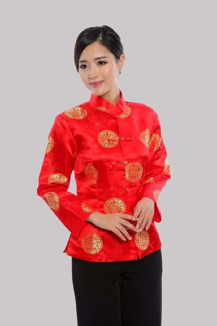 Pre-order เสื้อคอจีน ผู้หญิง ผ้าไหมจีน ทอลาย แขนยาว สีแดง