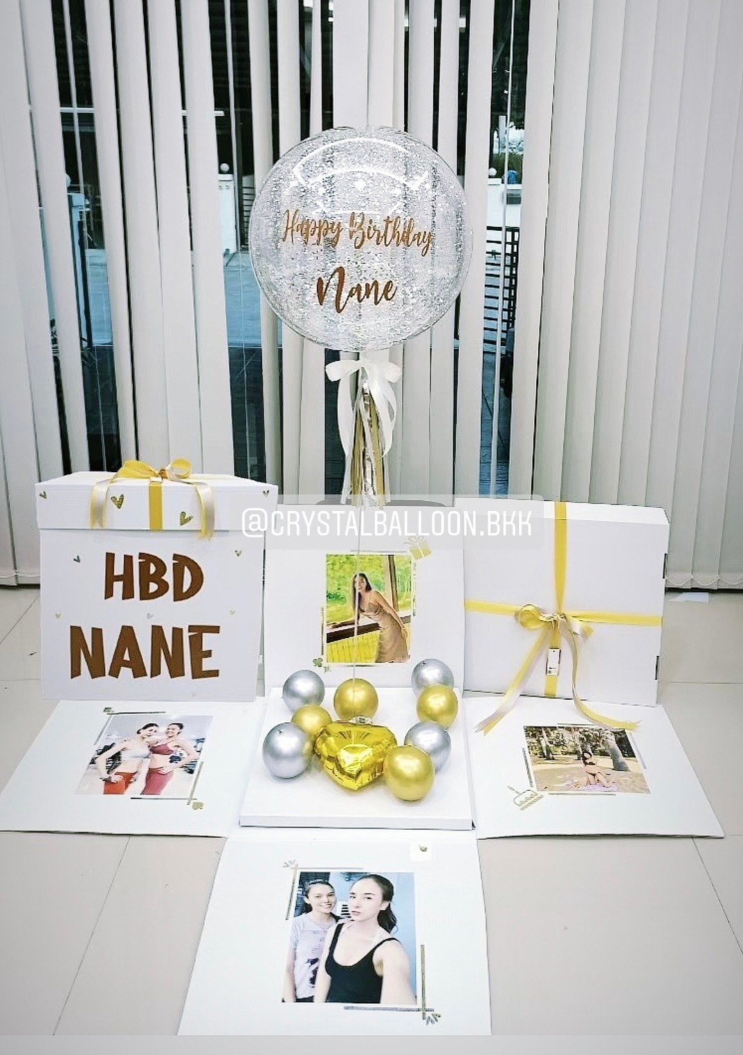Happy Birthday Surprise Box กล่องเซอร์ไพรส์วันเกิด Bubble ขนาด 24" Theme สีขาว พร้อมตกแต่ง สามารถใส่รูปได้ 4 ใบ สามารถเปลี่ยนสีลูกโป่ง/เปลี่ยนข้อความได้
