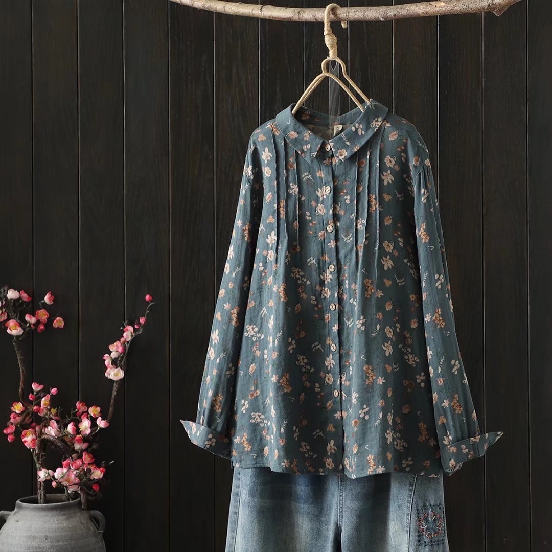 เสื้อเชิ้ตผ้าสาลูลายดอกไม้