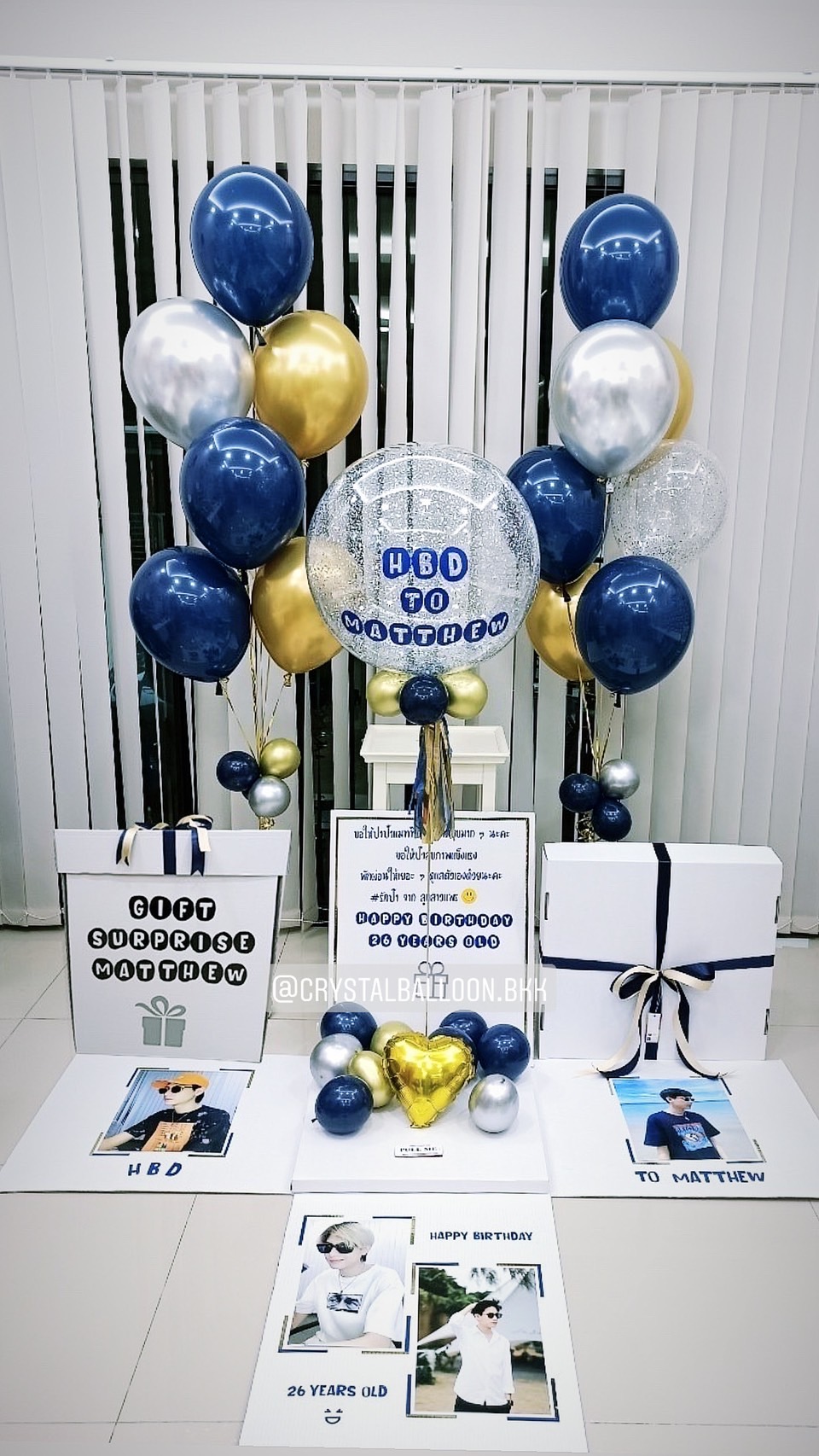 Happy Birthday Surprise Box กล่องเซอร์ไพรส์วันเกิด Bubble ขนาด 24" สีน้ำเงิน-ทอง ยอดนิยม พร้อมตกแต่ง ช่อลูกโป่ง 2 ช่อ,ลูกโป่งใส ใส่กลิตเตอร์,สามารถใส่รูปได้ 4 ใบ สามารถเปลี่ยนสีลูกโป่ง/เปลี่ยนข้อความได้