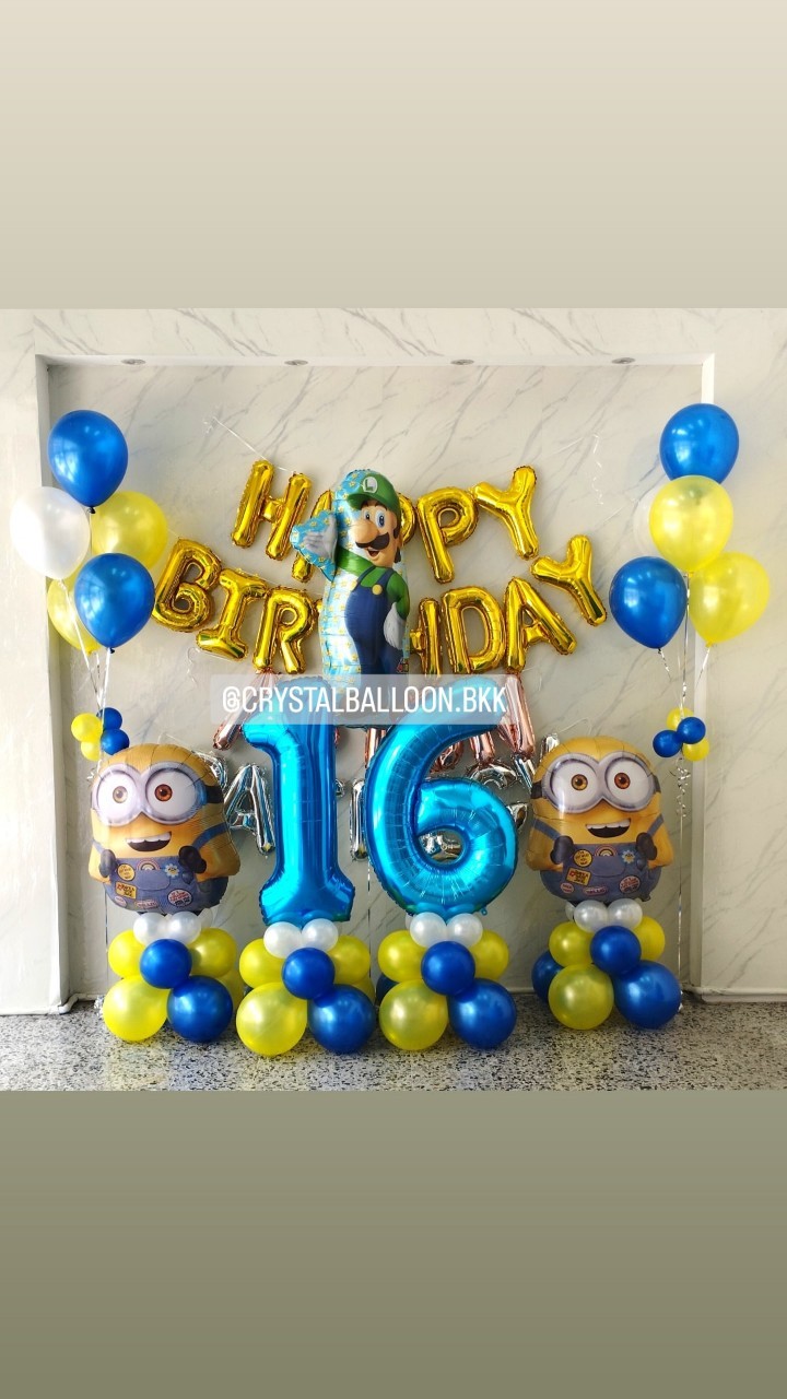 ลูกโป่ง วันเกิดเด็ก ฟอยล์ตัวอักษร Happy Birthday 16" สีทอง 1 ชิ้น พร้อม ฟอยล์มินเนี่ยน ตั้งฐาน 2 ชิ้น,ฟอยล์มาริโอ้ 1 ชิ้น,ช่อลูกโป่ง ช่อ 5 ลูก 2 ช่อ,ฟอยล์ตัวอักษรชื่อ 12 ตัวอักษร,ฟอยล์ตัวเลข 40" ตั้งฐาน 2 ชิ้น พร้อมตกแต่ง สามารถเปลี่ยนสีลูกโป่งไ