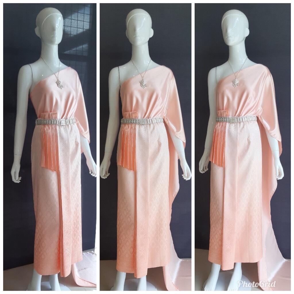 เช่า ชุดไทย ชุดเพื่อนเจ้าสาว ชุดไทยผ้าถุงโอรสไล่สี สไบเรียบสีโอโรสเข้ม