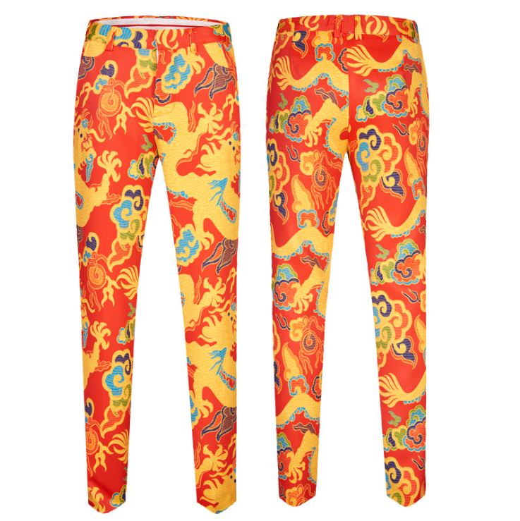 พร้อมเช่า ชุดสูทจีนชาย โทนสีส้มแดง ทอลายในเนื้อผ้า แบบหรูหรา สไตล์จีน