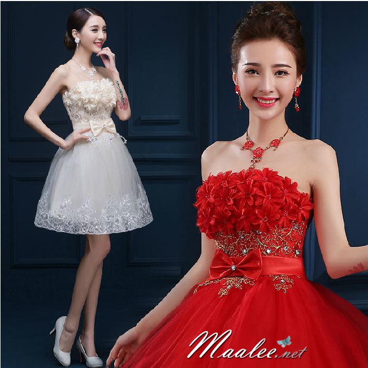 พร้อมเช่า ชุดราตรีสั้น เกาะอก แต่งดอกช่วงอก ผ้าตาข่ายปักเลื่อม แต่งโบว์คริสตัลช่วงเอว สีครีม Champagne