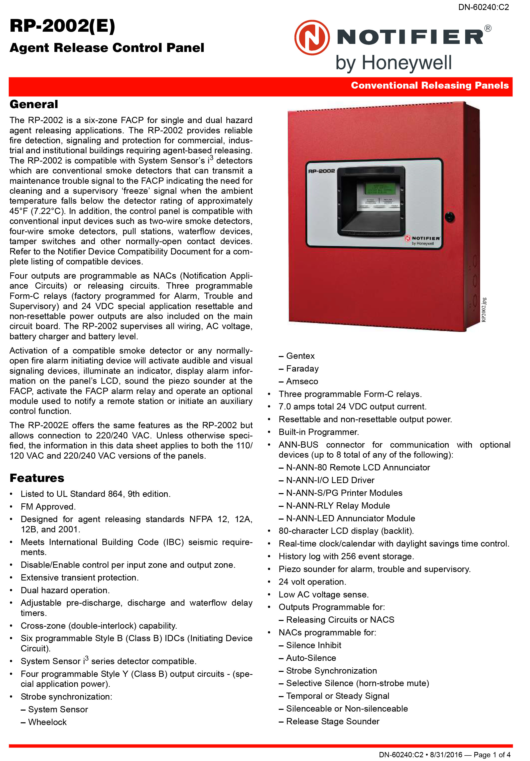 "NOTIFIER" RP2002 (E) Agent Release Control Panel UL Standard