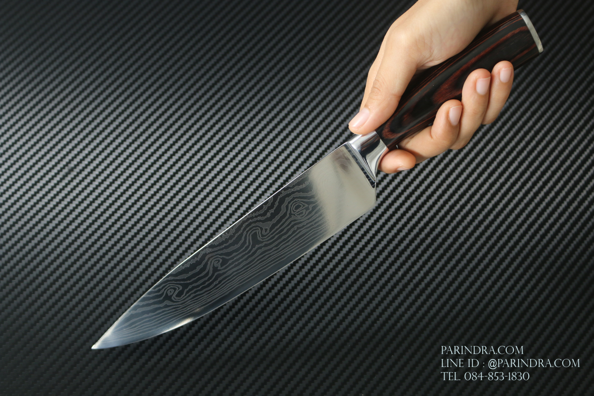 มีดทำครัว Premium ยิงเลเซอร์ลายดามัสกัส ด้ามไม้ ขนาดใบ 8 นิ้ว ปลายแหลม คมกริบ