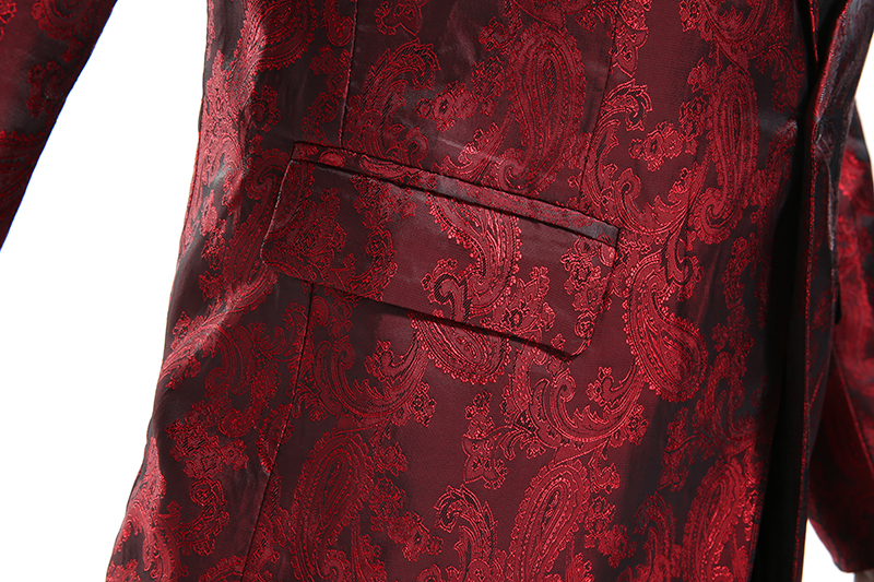 พร้อมเช่า ชุดสูทชาย สีแดง พิมพ์ลาย เนื้อผ้าแพรแบบหรูมาก