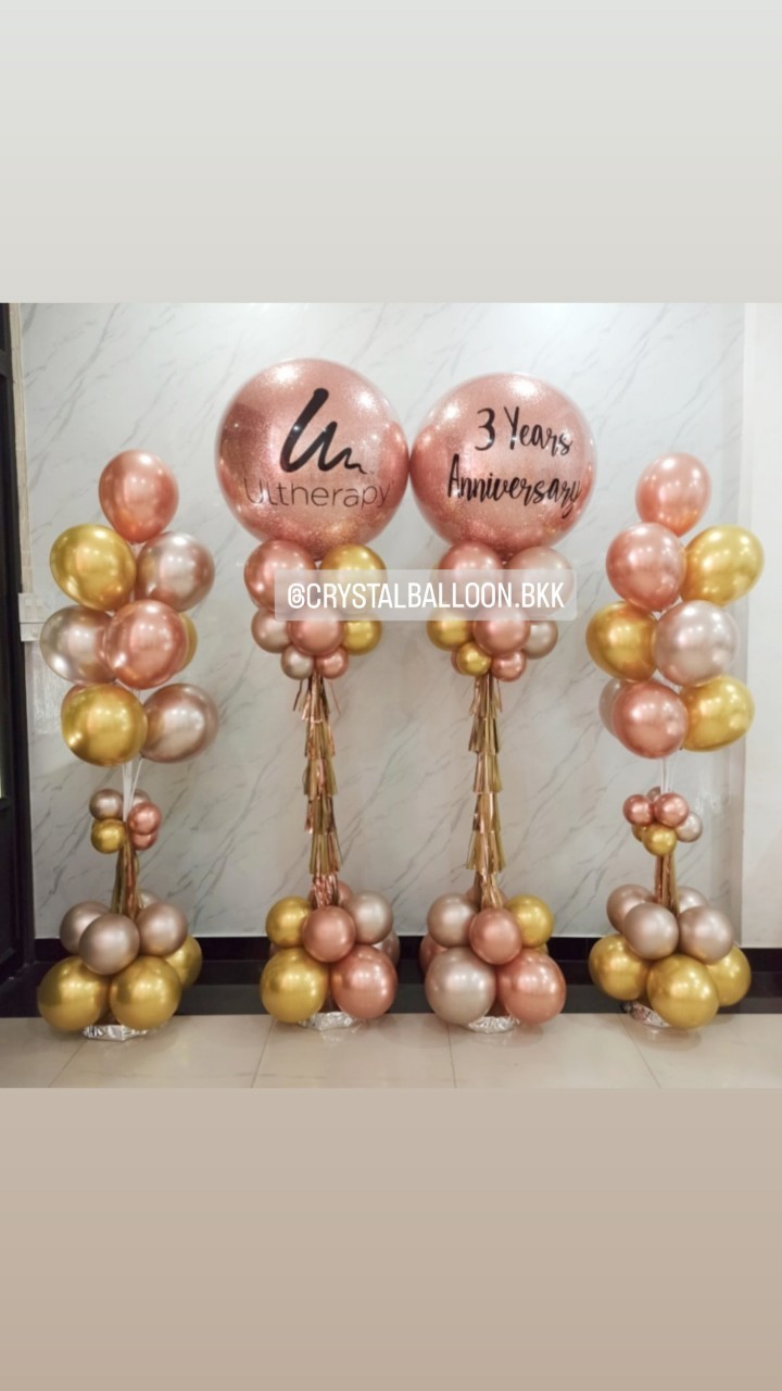 เสาลูกโป่ง เปิดงาน Bubble ขนาด 36" กลิตเตอร์สีโรสโกลด์ 2 เสา พร้อม เสาช่อลูกโป่งแบบลม ลอยนาน ช่อละ 10 ลูก 2 เสา พร้อมตกแต่ง สามารถเปลี่ยนสีลูกโป่ง/เปลี่ยนข้อความได้