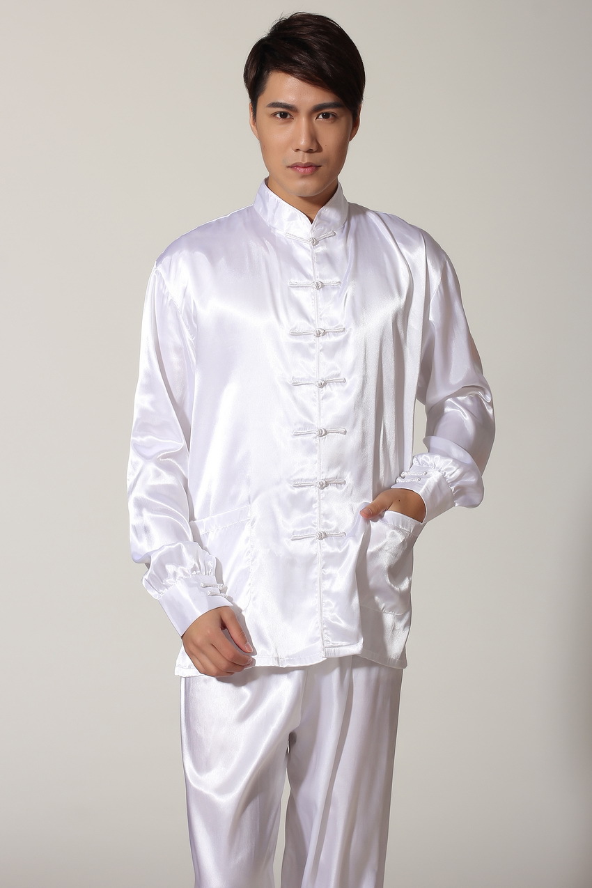 Preorder ชุดจีนชาย แขนยาวผ้าแพร สีขาว ขาจั๊ม