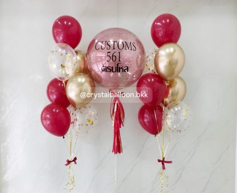 ลูกโป่ง วันครบรอบ Bubble ขนาด 24" กลิตเตอร์สีแดง พร้อม ช่อลูกโป่ง ช่อ 7 ลูก 2 ช่อ Theme แดง - ทอง พร้อมตกเเต่ง สามารถเปลี่ยนสีลูกโป่ง/เปลี่ยนข้อความ/เปลี่ยนขนาดได้