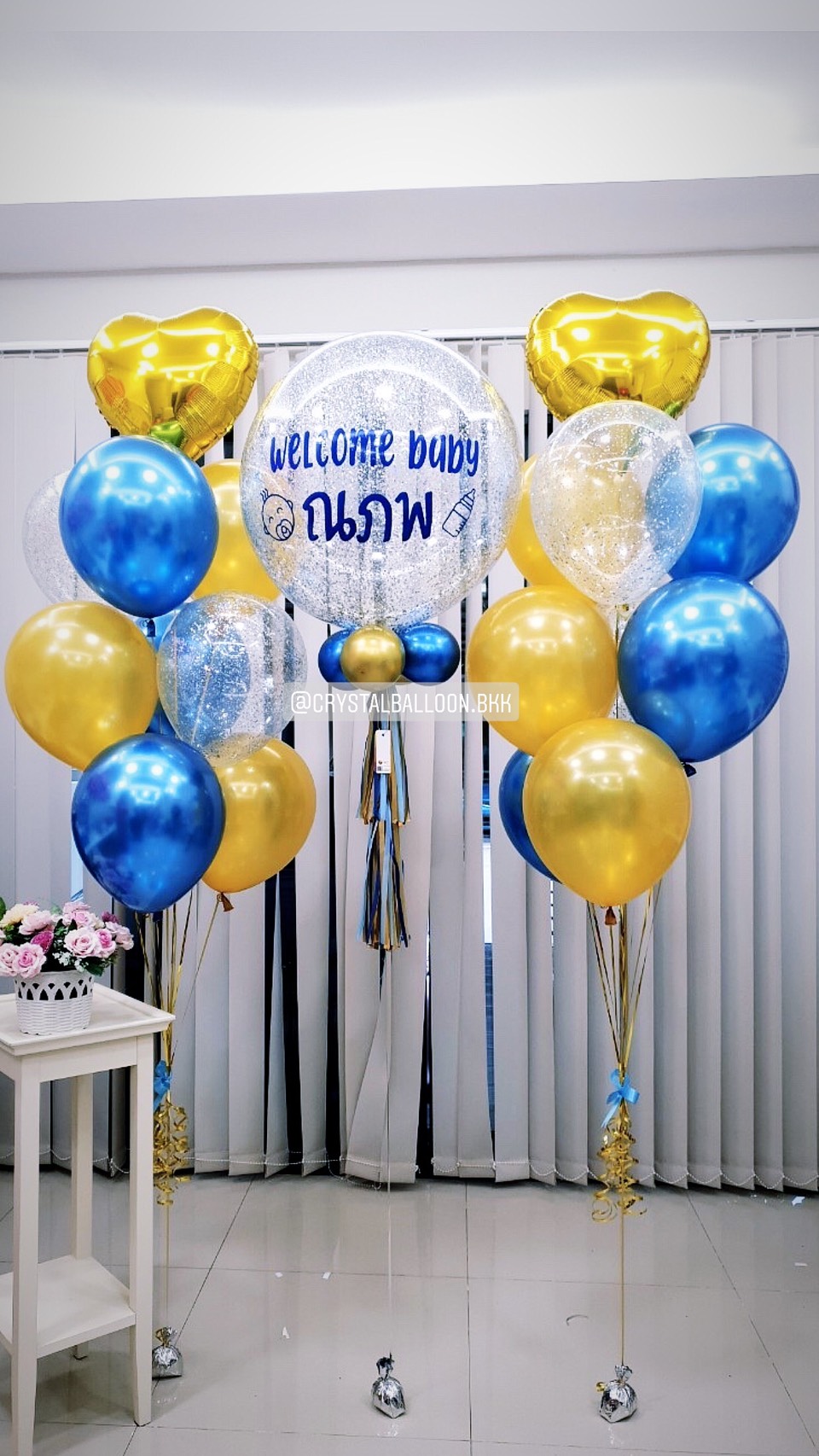 ลูกโป่ง Welcome Baby Boy Bubble ขนาด 24" Theme สีทอง-สีน้ำเงิน พร้อมตกแต่ง ช่อลูกโป่ง 2 ช่อ,ลูกโป่งใส ใส่กลิตเตอร์,ฟอยล์หัวใจ ขนาด 18" 2 ชิ้น สามารถเปลี่ยนสีลูกโป่ง/เปลี่ยนสี-ฟอยล์ตกแต่ง/เปลี่ยนข้อความได้