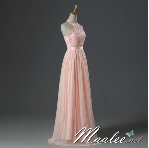 พร้อมส่ง ชุดราตรียาว เพื่อนเจ้าสาว แบบ B คล้องคอ แต่งลูกไม้ กระโปรงตาข่าย (จับสม๊อกด้านหลัง)