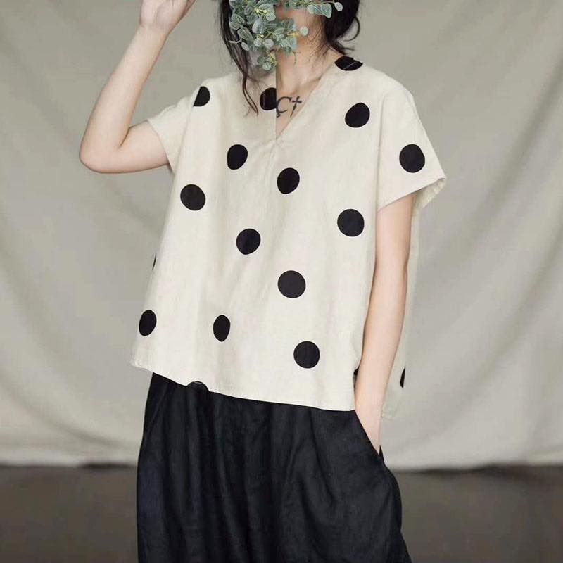 เสื้อคอวีผ้าลินินลายจุด