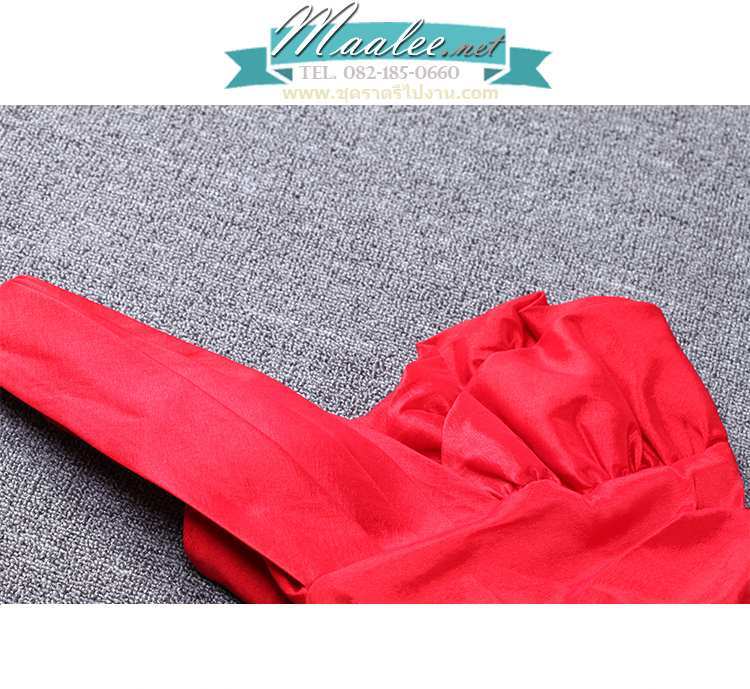 พร้อมเช่า ชุดราตรียาว เกาะอก ไหล่เดียว ทรงหางปลา ผ้าแพรยืดตามตัว แหวกหน้าขา สีแดง