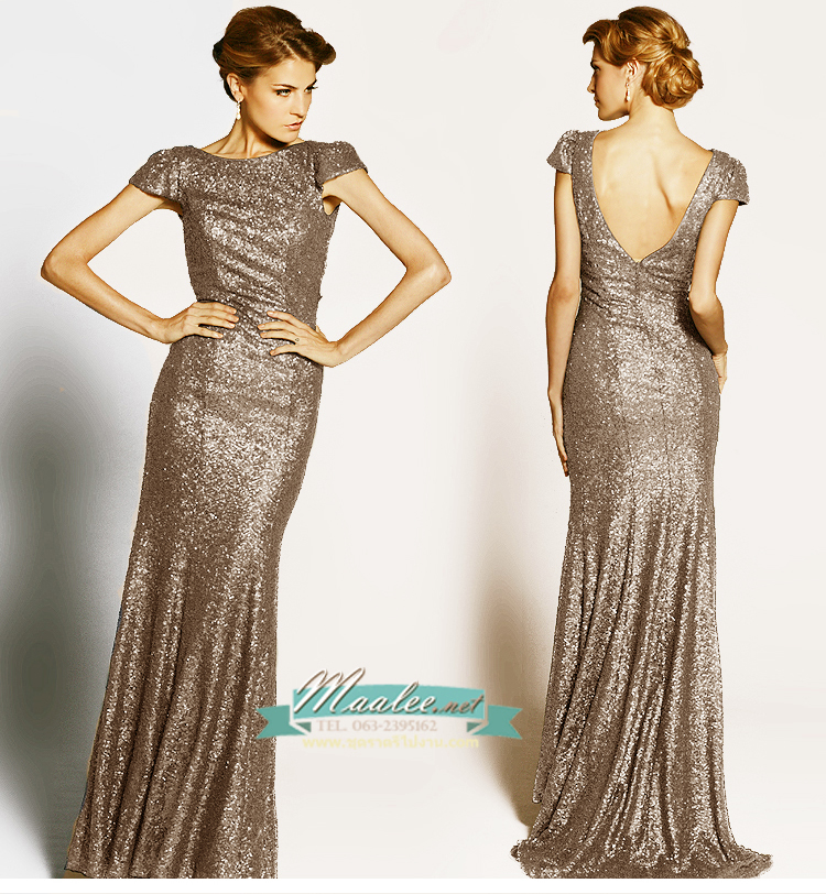 พร้อมส่ง ชุดราตรียาว แบบแขนสั้น ผ้าหลัง สีเทา เนื้อผ้าแต่งเลื่อมทั้งตัว ทรงหางปลา