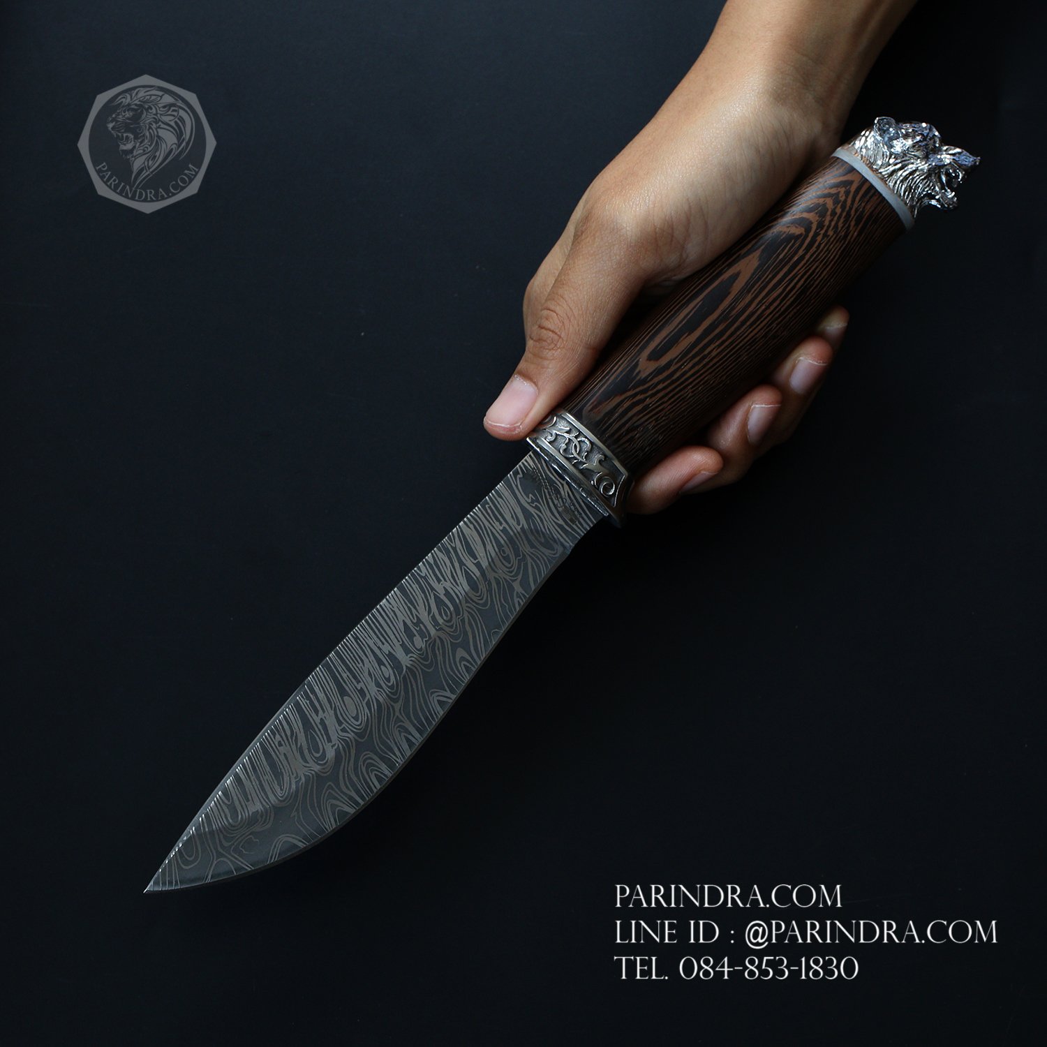 มีด Columbia ใบตาย ใบเลเซอร์ลายดามัสกัส ด้ามไม้ ท้ายด้ามหัวเสือ