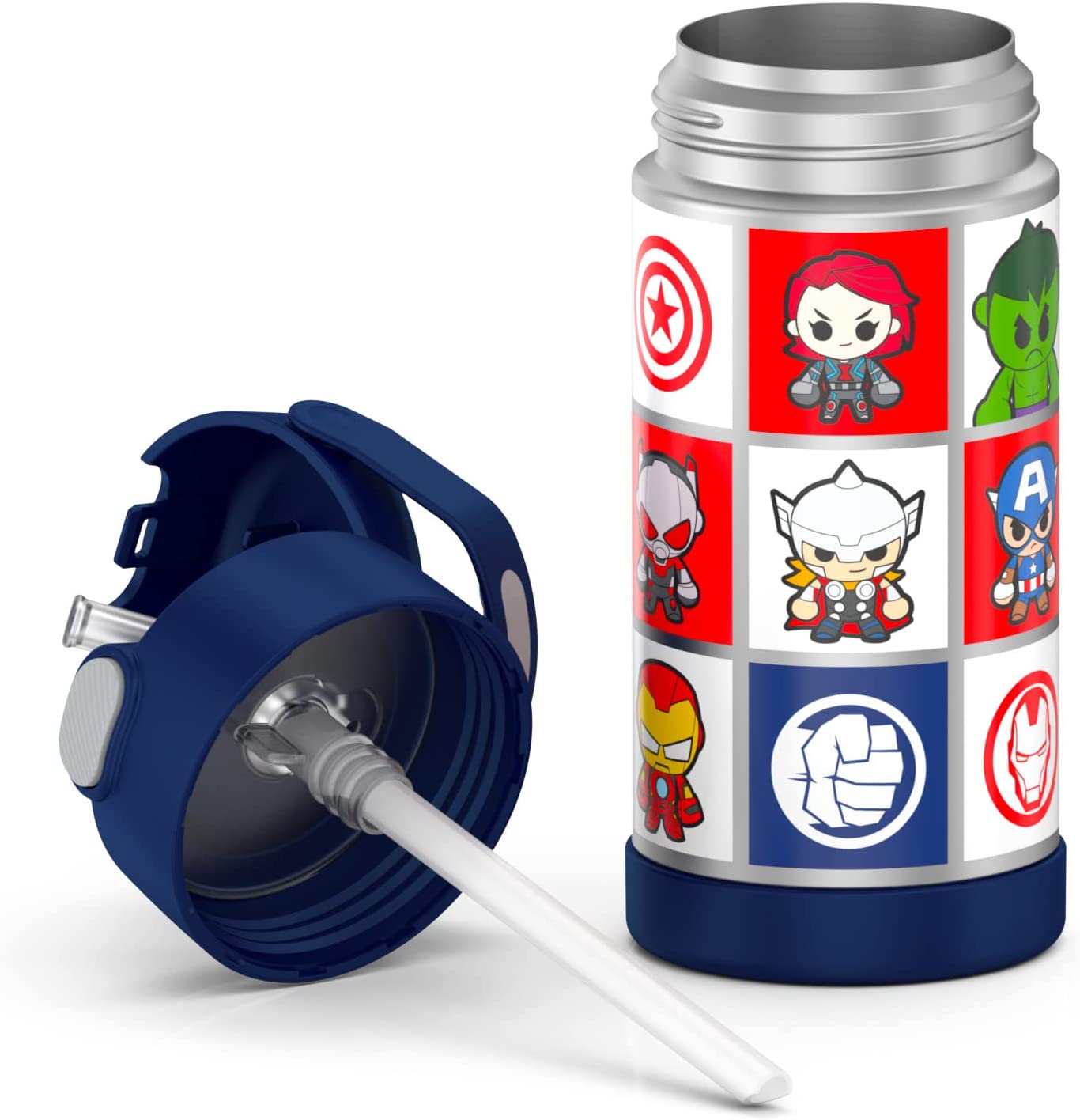 THERMOS FUNTAINER 12 Ounce Stainless Steel Vacuum Insulated Kids Straw Bottle, Avengers